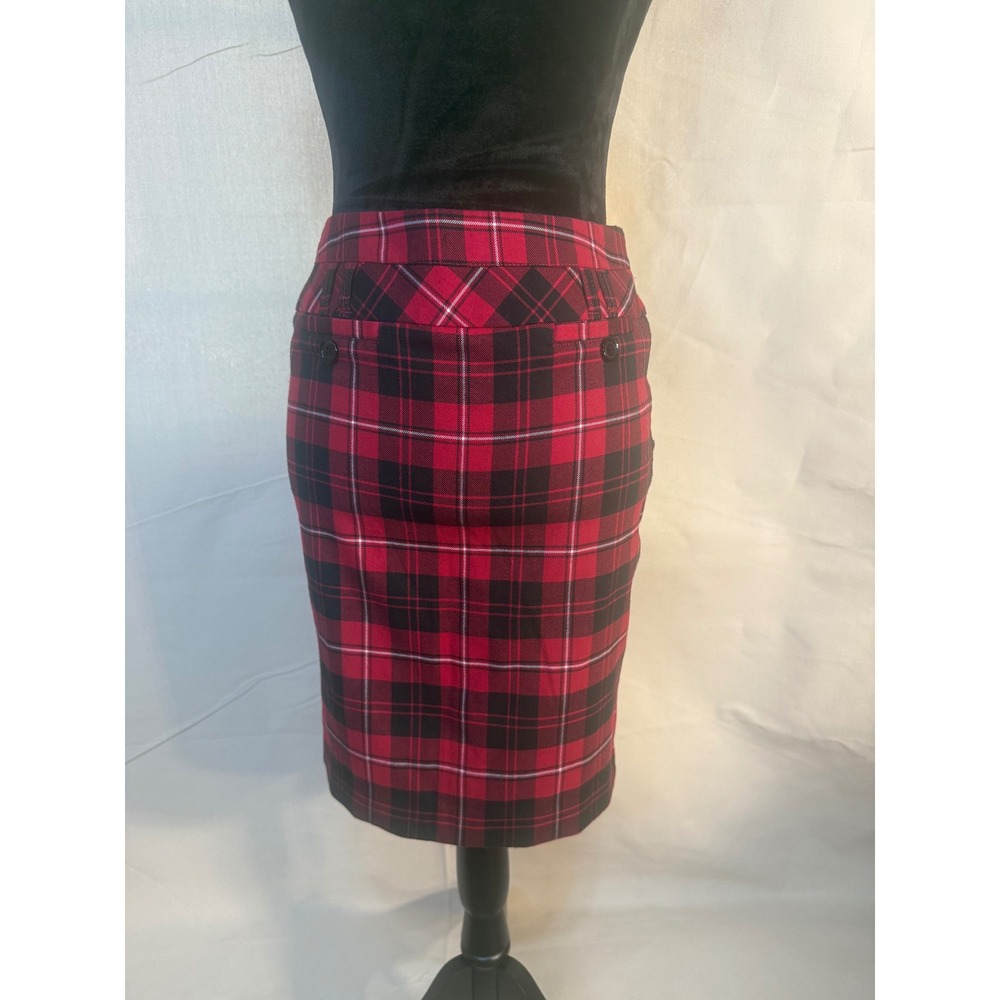 Tracy Evans Red Black Plaid Pencil Skirt Womens Size 1 Knee Length Tartan Check